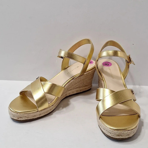 Tommy Hilfiger NEW Gold Platform Espadrille Ankle Strap Coquette Wedges Size 8.5 - Picture 2 of 13